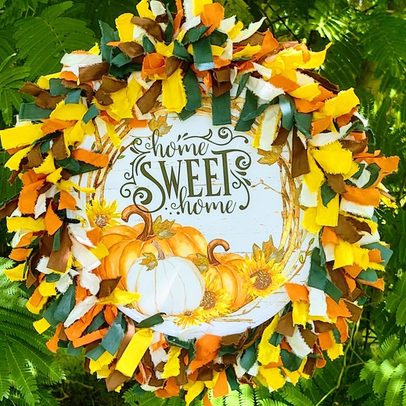 Hand Crafted Fabric Rag Wreath Fall Pumpkins Tin Sign Home Sweet Home Decor 18" - Picture 1 of 8